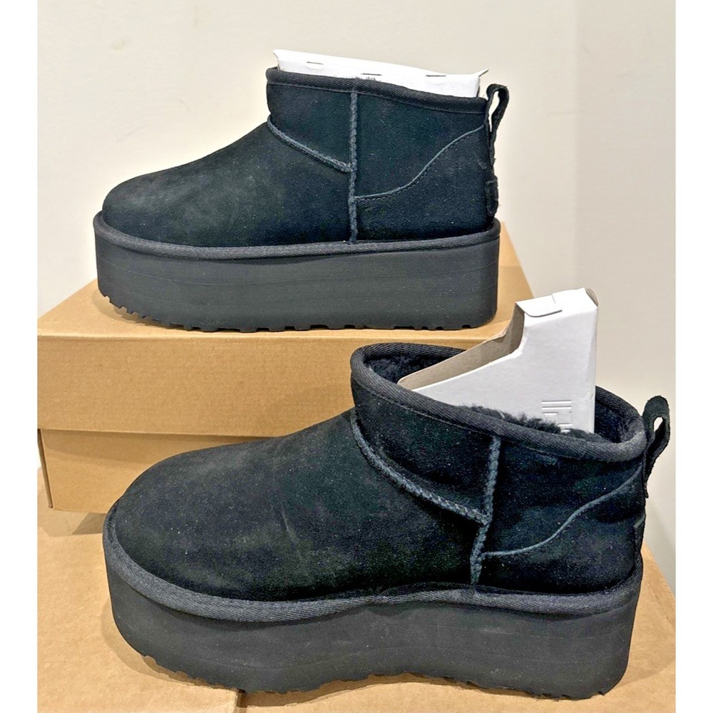 UGG Women Size EU 39 US 8 Classic Ultra Mini Platform Boots Black Wool Plush